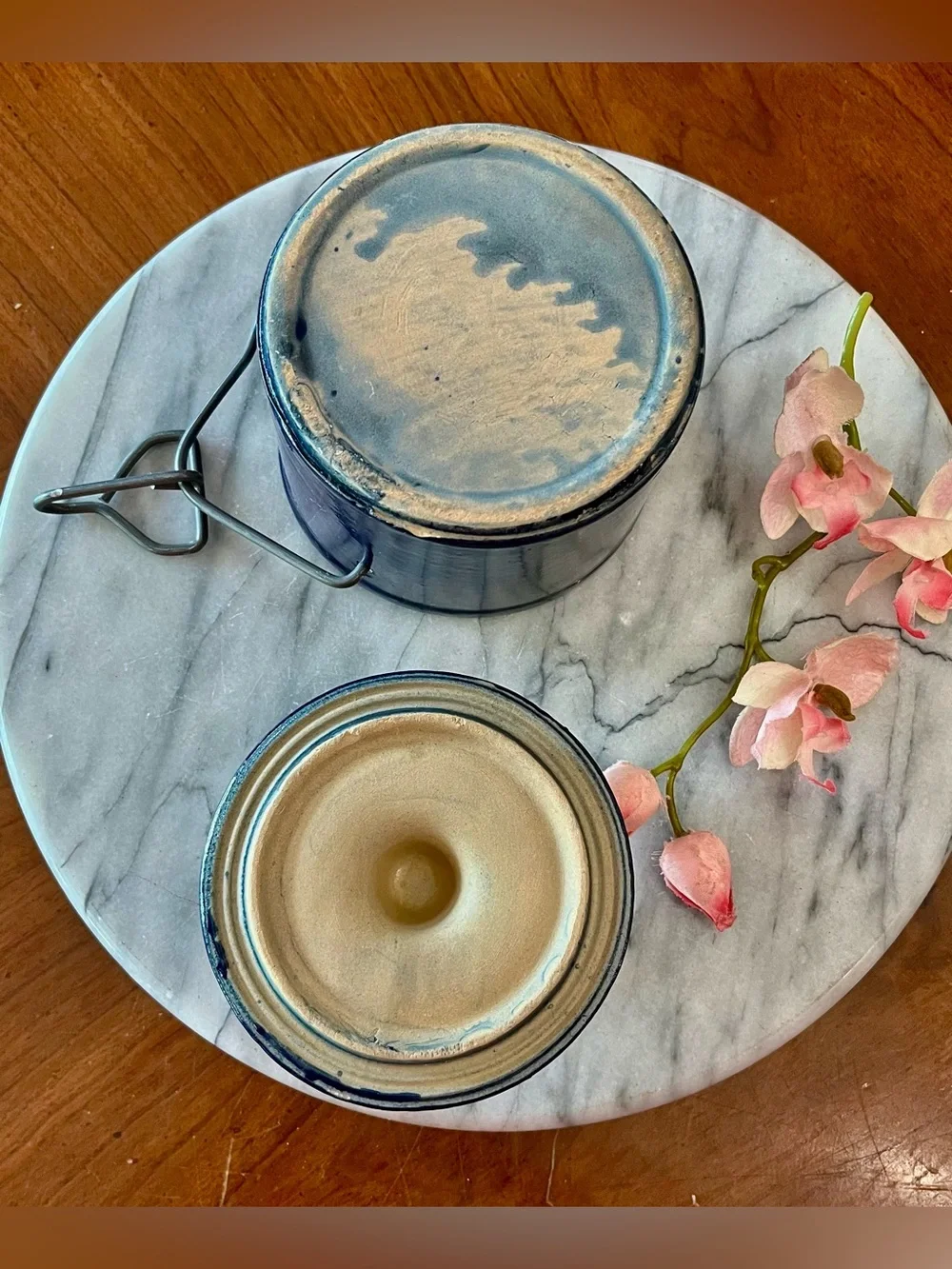 VTG Cobalt Blue Stoneware Cheese Crock w Wire Bail Lid, 1lb Med. Sz. Farmhouse